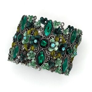 Floral Cuff Bracelet Green Rhinestone Statement‎ Fashion Jewelry Fairycore Fairy